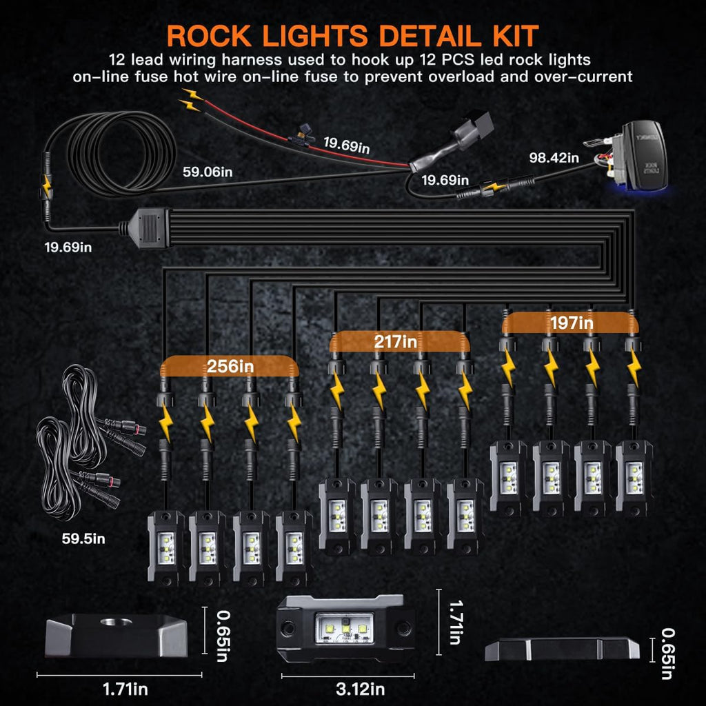 R4 Pure White LED Rock Lights Kit with Roker Switch Wire Harness 12PCS Rock Lights White for Offroad Trucks ATV UTV SUV Underglow Light Trail Rig Light Under Body High Power Waterproof
