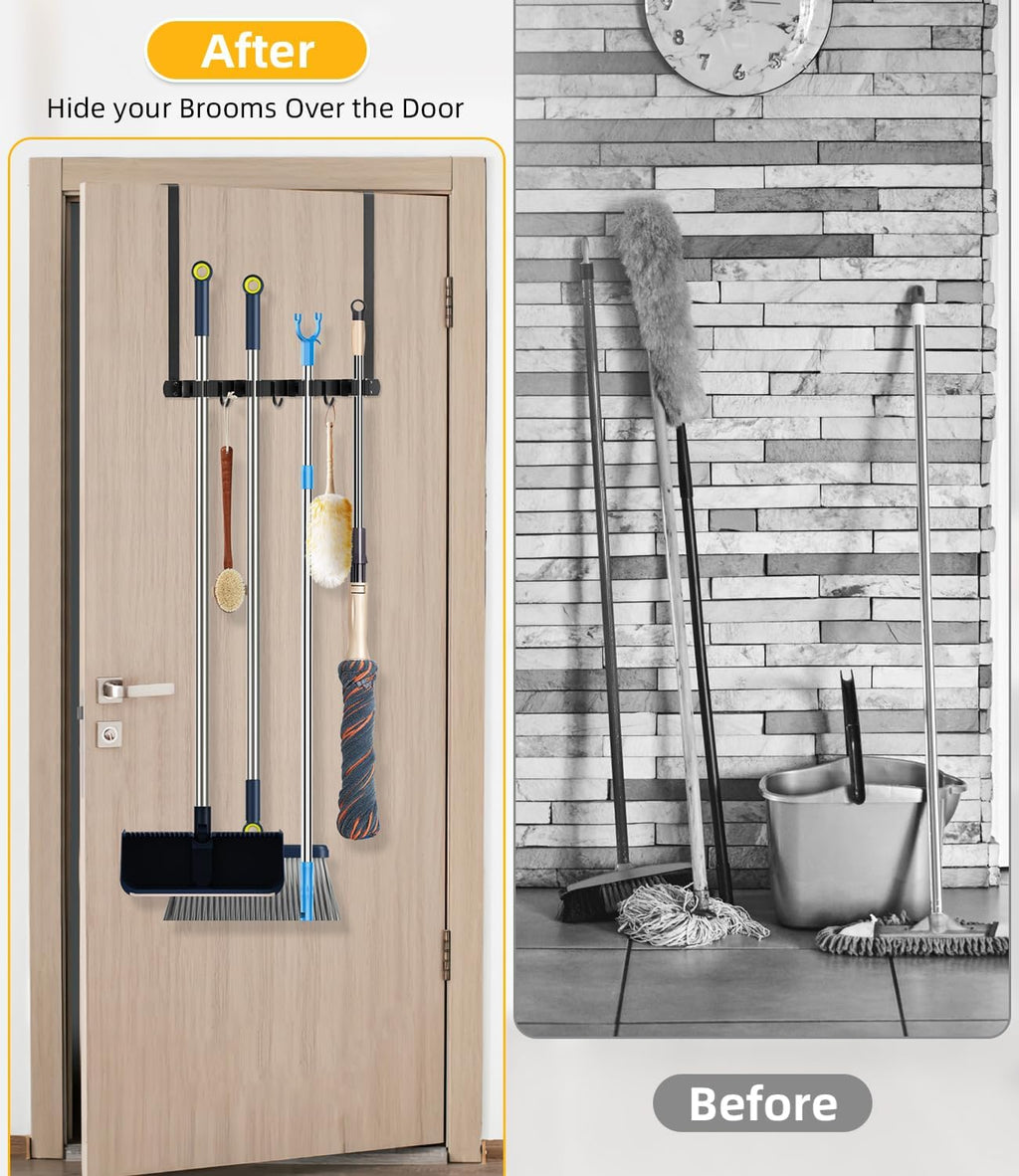 Broom Holder Over The Door - 304 Stainless Steel Mop and Broom Holder Wall Mounted or Hanging Over The Door with Hooks - Broom Hanger, Broom Storage Tool Organizer for Garage Closet Laundry