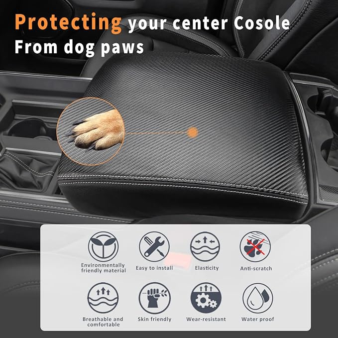 INTGET Car Center Console Armrest Cover for 2022 2023 Dodge Ram 1500 2500 3500 Accessories 2019 2020 2021 Arm Rest Box Lid Protector Pad Cushion Dog Seat Cover (Black with Carbon Fiber Texture)