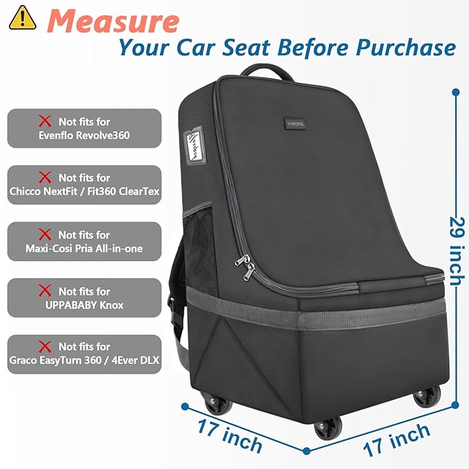 YOREPEK Car Seat Travel Bag with Wheels, Padded Car Seat Backpack, Large Carseat Travel Bag for Airplane, Gate Check Bag, Car Seat Travel Cover with Shoulder Strap, Car Seat Carrier for Airport