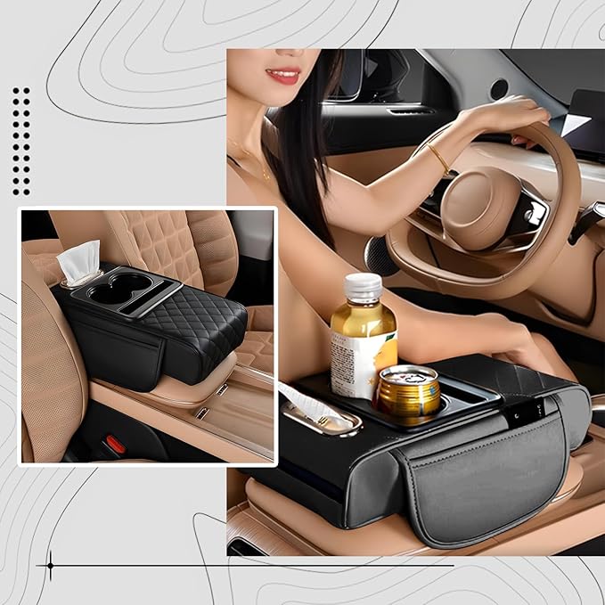 Car Center Console Organizer Armrest Storage Box with 2 Cup Holders-Universal 5-in-1 Leather Cushion Cover,Phone Slot & Tissue Holder for SUV/Sedan(Black)