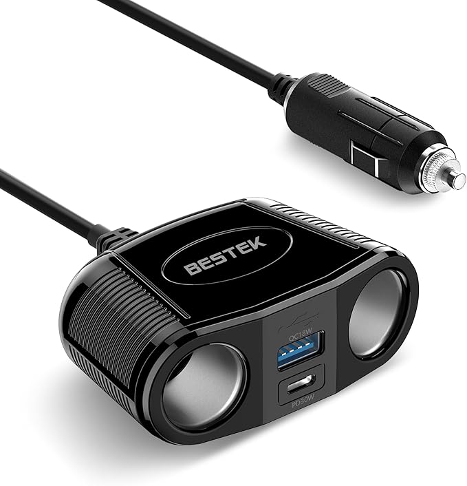 BESTEK 4 in 1 Cigarette Lighter Splitter-150W Cigarette Lighter Adapter with Dual 12v Splitter QC3.0 and USB-C PD30W, Cigarette Lighter USB Charger Fast Charger for Dash Cam, GPS, iPad/Laptop/Phone