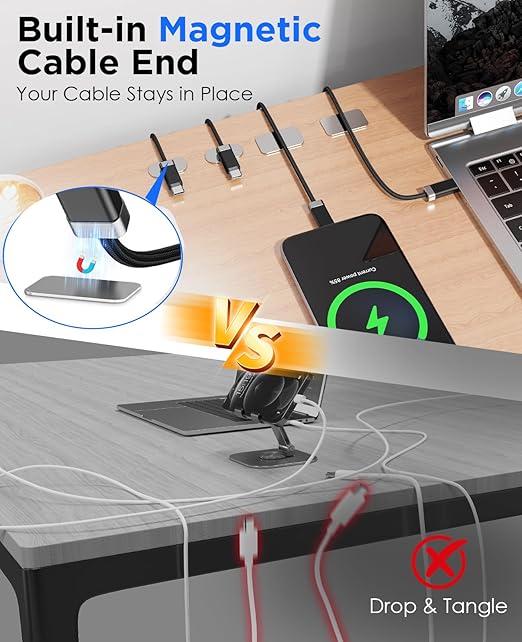 Magtame USB C to USB C Cable 5FT, StayCable with Built-in Magnetic Organizer for Nightstand, Desk and Car, 60W Fast Charging Cord with 2 Adhesive Metal Plates, Braid Type-C Cable for iPhone 17 16
