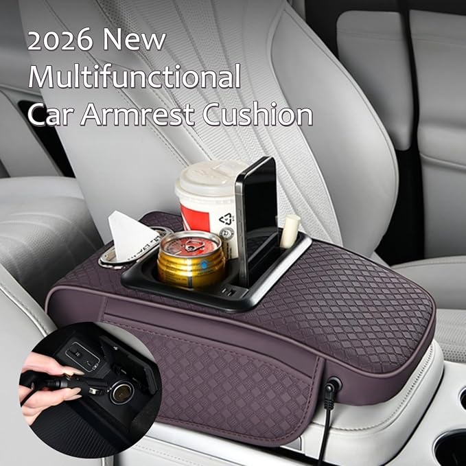 2026 Enhanced Car Center Console Armrest Cushion with USB& Type-C Charging, PU Leather Console Pad with Cup Holders, Storage& Tissue Outlet for Most Vehicles (Sloped Version, Light Beige)