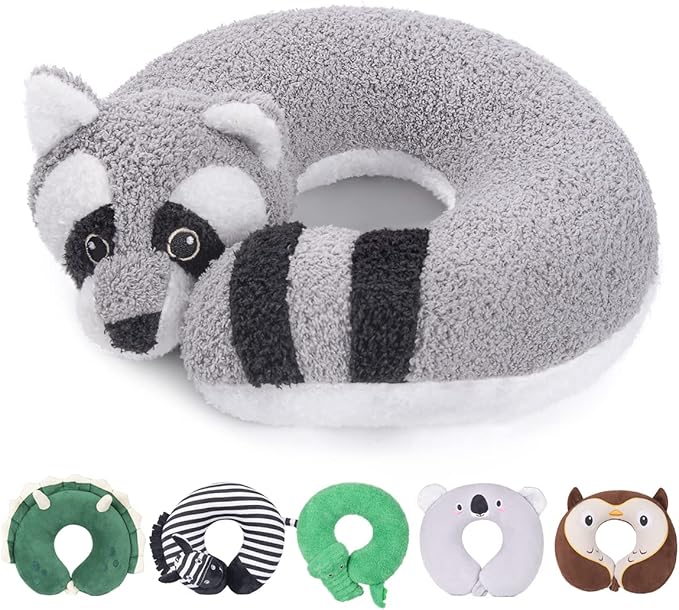 H HOMEWINS Travel Pillow for Kids,Cute Animal Neck Pillow for Boys Girls,Soft Neck Head Chin Support Pillow,Travel Accessories for Airplane, Car, Train,Recline(Raccoon)
