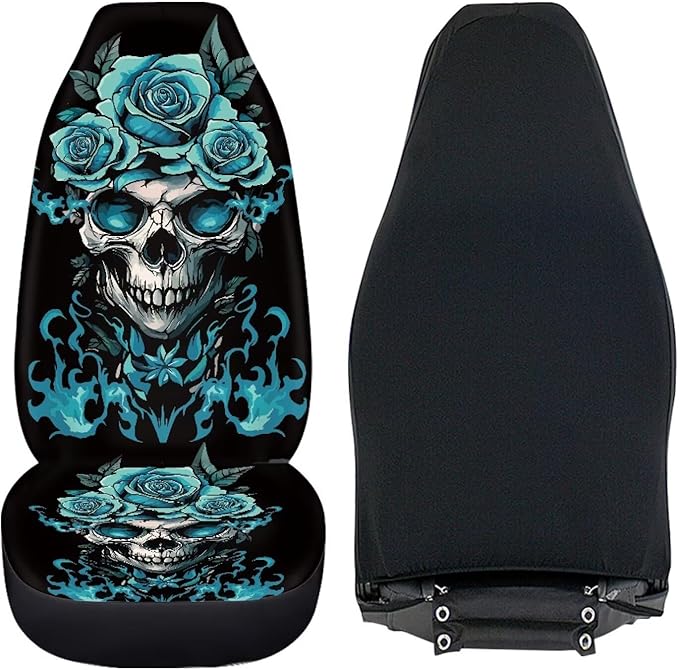 Halloween Skull Rose Car Front Seat Covers Breathable Car Seat Cover Stretch Polyester Fabric Cover Non Slip Fashion Auto Interior Universal for Cars Truck SUV Van