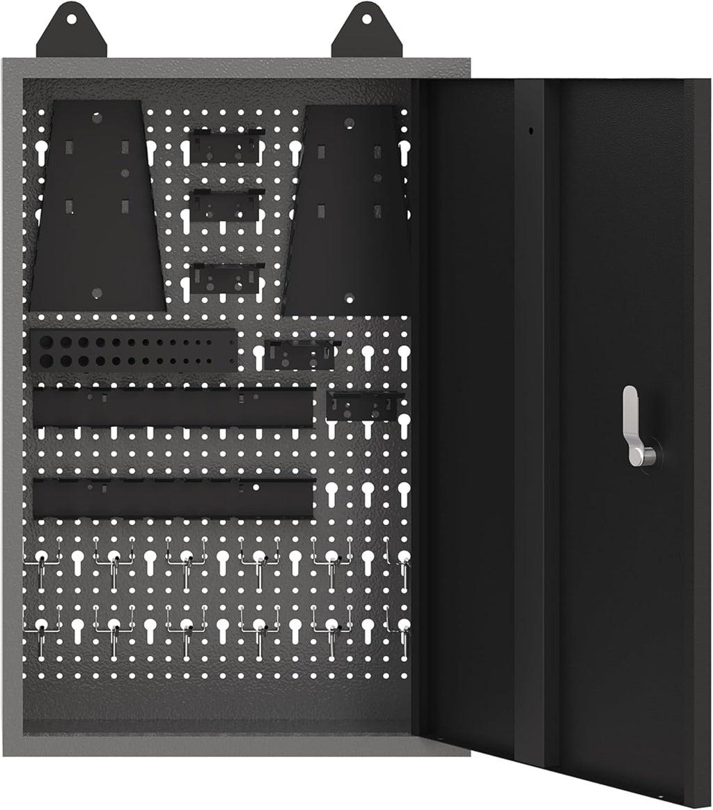 JZD Metal Storage Wall Mounted Cabinet with 22 Hooks, Lockable Small Tool Chest, for Garage Basement Workshop, Black and Gray