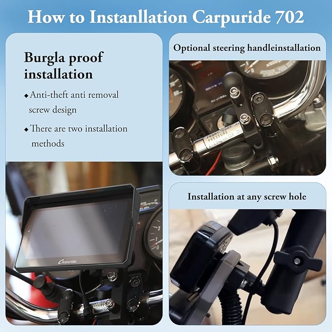 Carpuride W702 for Motorcycle, 7 inch Waterproof Touchscreen, Portable Carplay/Android Auto GPS Navigation for Motorbike, Support Dual Bluetooth, Car GPS, Siri, G00gle Assistant, TF-64G