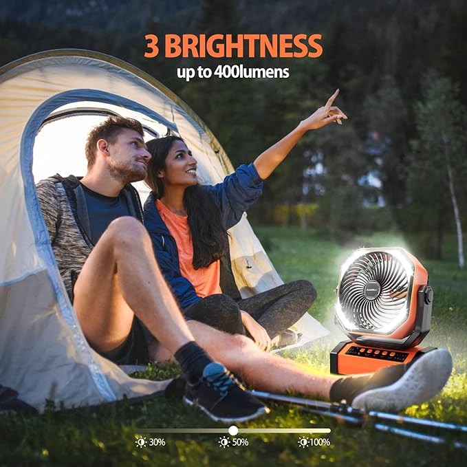 AddAcc 20000mAh Rechargeable Camping Fan - Battery Operated Fan with Light & Remote, Auto Oscillating, 4 Timer, 60 Hrs Work Cordless Tent Fan for Travel Outdoor RV Garage Power Outage Emergency
