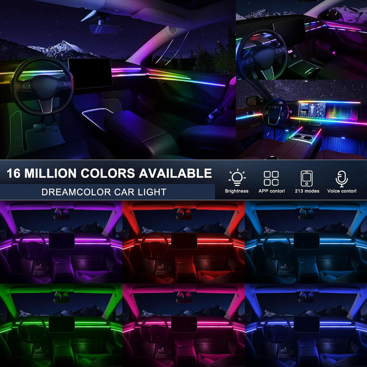 Acrylic Interior Car LED Strip Light with Wireless APP, Dreamcolor RGB 10 in 1 with 175 inches 600 LEDs Fiber Optic Car Ambient Lighting Kits, Dual Zone Sound Active Function LED Strip for Car