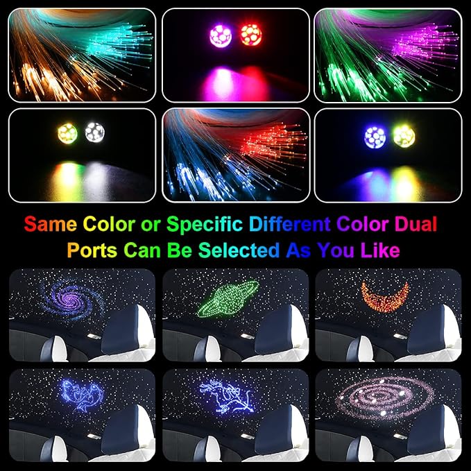 AKEPO 20W Twinkle Dual-Head Dual Color Fiber Optic Lights, Fiber Optic Star Ceiling Light Kit Sound Activated APP Remote Control for Car Starlights Headliner/Home 1300pcs 13.1ft/4m Fiber Strands