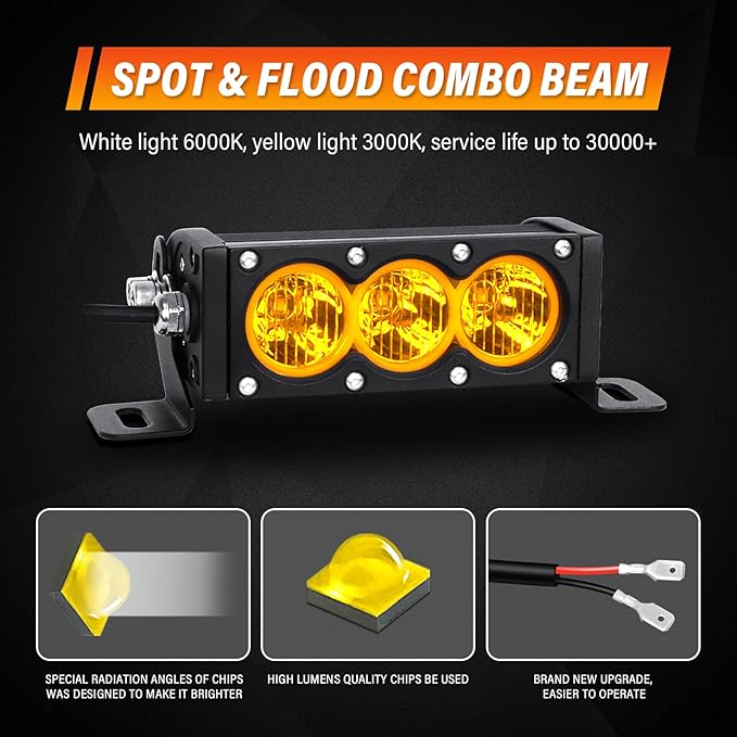 Willpower 2-Piece 6 Inch Single Row Amber LED Light Bar 30W Off-Road Light Bar Flood Beam LED Work Light Truck UTV 4x4 Cars SUVs ATVs Boats Fog Driving Light with Wiring Harness Kit