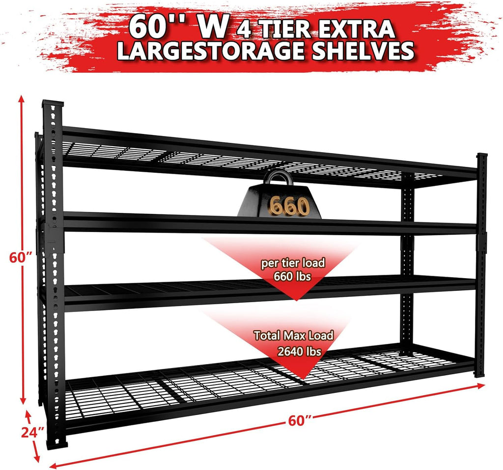 Storage Shelves 2PCS, Garage Shelving Heavy Duty 2640LBS Capacity, 60"L x 24"W x 60"H Adjustable Metal Shelving Organizer Wire Rack, 4 Tier Utility Shelf Unit for Pantry Closet Warehouse Organization