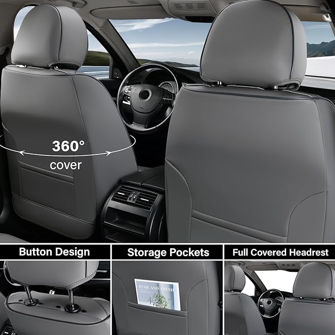 Coverado Seat Covers, Car Seat Covers Front Seats, Waterproof Nappa Leather Auto Seat Cover with Lumbar Head Pillow, Gray Seat Covers Carseat Cover Universal Fit for Most Cars