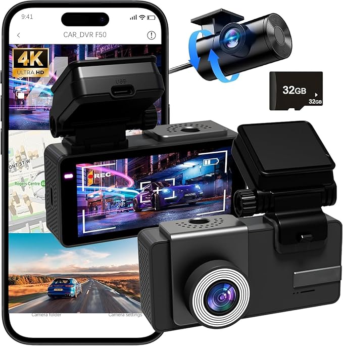 Dashcam Front and Rear Camera, 𝟒𝐊 UHD Dual Channel Dash Cam,WiFi - App Control, G-Sensor, Loop Recording, 170° Wide Angle, Night Vision, 3.6" IPS, S300 Dash Camera for Cars with 32GB Card