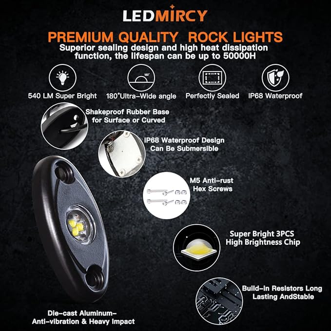 LEDMIRCY LED Rock Lights 10PCS White for Off Road Truck RZR Auto Car Boat ATV SUV Waterproof High Power Neon Trail Rig Lights (Pack of 10,White)