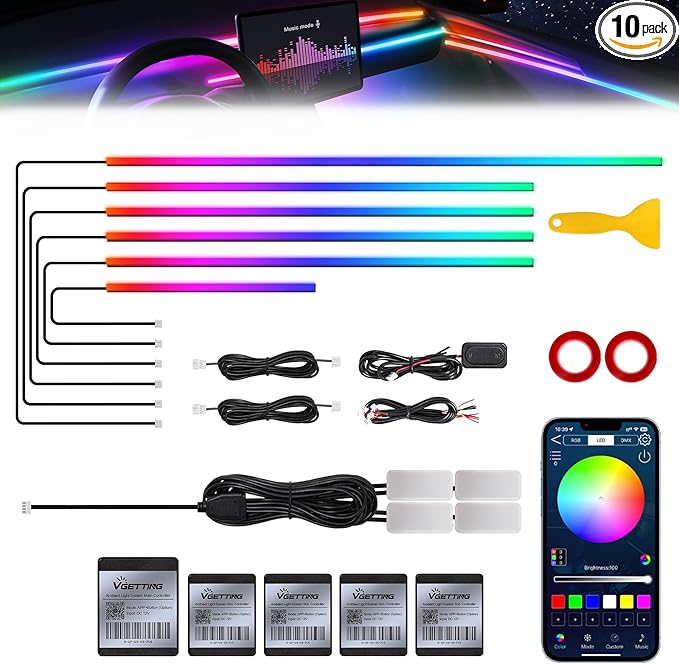 Dreamcolor Acrylic Interior Car LED Strip Light with Wireless APP, Dual Zone RGB 10 in 1 with 175 inches 593 Neon Car Ambient Lighting Kits, Music Sync LEDs Fiber Optic Strip Neon Lights for Car
