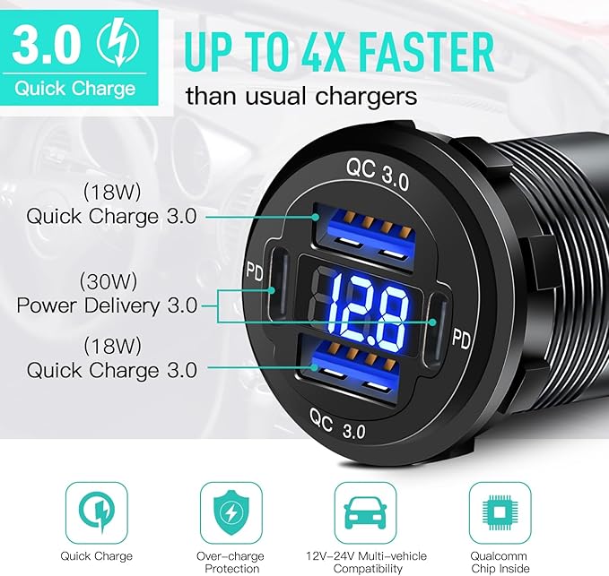 4 Port 12V USB Outlet Aluminum Charger with Voltmeter, 78W Fast Charge Dual PD3.0 & QC3.0 Multiple USB Port for Car, Marine USB C Socket Cigarette Lighter Replacement Waterproof 12 Volt Outlet, 2 Pack