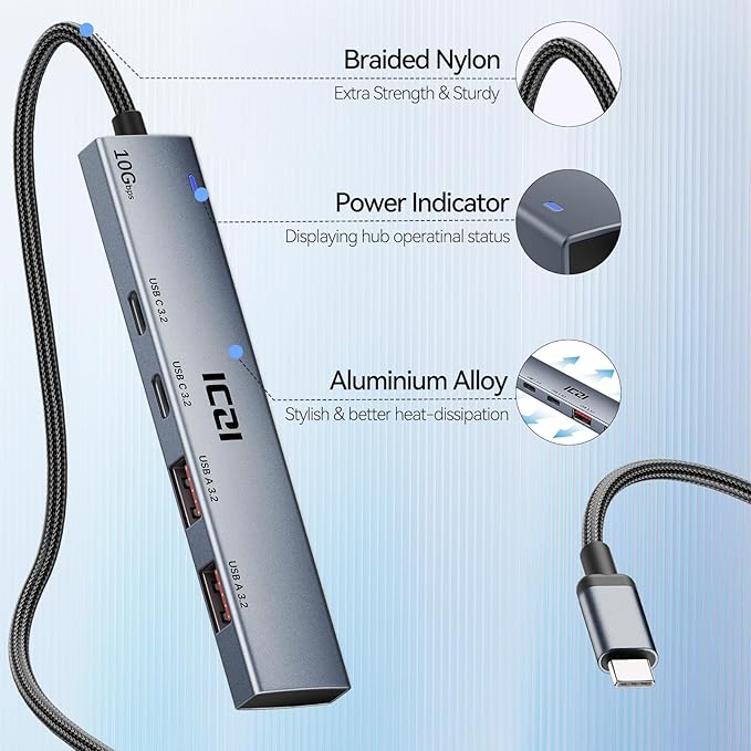 ICZI USB C Hub, 10Gbps 4 in 1 USB 3.2 Adapter with 2 USB-C & A 3.2 4FT Cable, 4 Ports Splitter Extender for MacBook Pro/Air, iPad Pro, iPhone 15/15 Pro Max, Surface, PC, Laptops