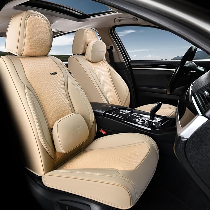 Coverado Seat Covers, Car Seat Covers Front Seats, Waterproof Nappa Leather Auto Seat Cover with Lumbar Head Pillow, Beige Seat Covers Carseat Cover Universal Fit for Most Cars