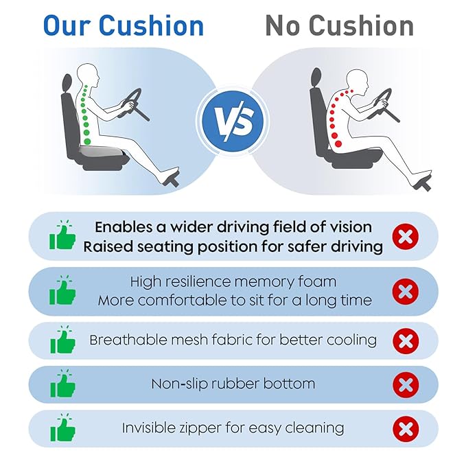 Adult Car Booster Seat Cushion - Memory Foam Car Seat Wedge Cushion - Coccyx Cushion for Tailbone Pain - Driver Seat 3 Inch Height Boost Cushion - for Cars, Trucks, Home & Office Chairs, Black