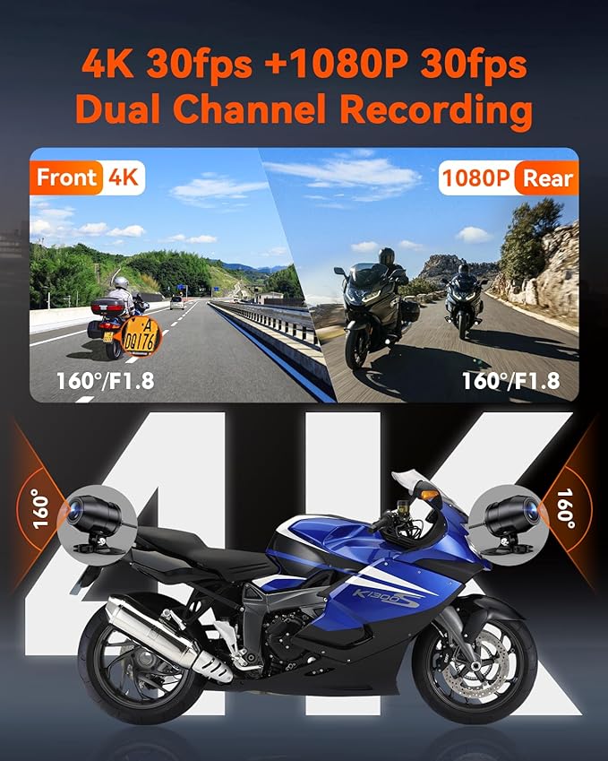Vantrue F1 Motorcycle 4K Dash Cam Front and Rear, 4K + 1080P Motorcycle Camera, Full Body IP67 Waterproof, GPS Wi-Fi, 160° Wide Angle, Wired Remote, Night Vision, G-Sensor, Parking Mode, Support 512GB