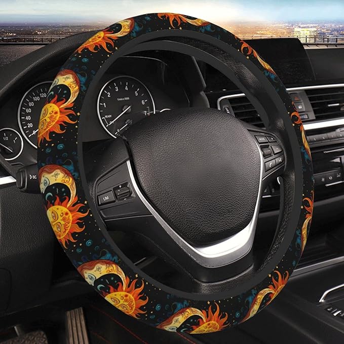 Boho Sun Moon Stars Steering Wheel Cover Women, Comfortable Elastic Steering Car Wheel Cover Fit 15 inches Universal Accessories Suvs Trucks Decor