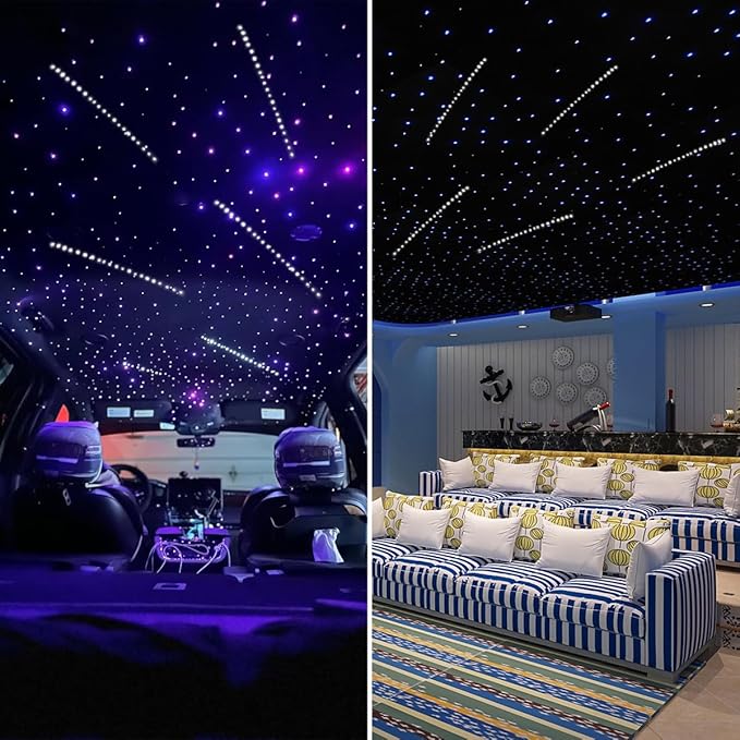 AKEPO 12W Twinkle 450pcs+Meteor 240pcs 2-in-1 Fiber Optic Starlight Headliner Lights Kit, 0.03in 9.8ft Shooting Star APP Control Music Activated Optical Fiber Star Ceiling Light Kits for Home and Car