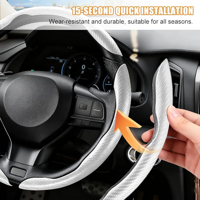 3PCS Carbon Fiber Car Steering Wheel Cover, Leather Segmented Anti-Skid Steering Wheel Protector, Snap on Automotive Interior Protection Accessories, Universal for Vehicles (White)