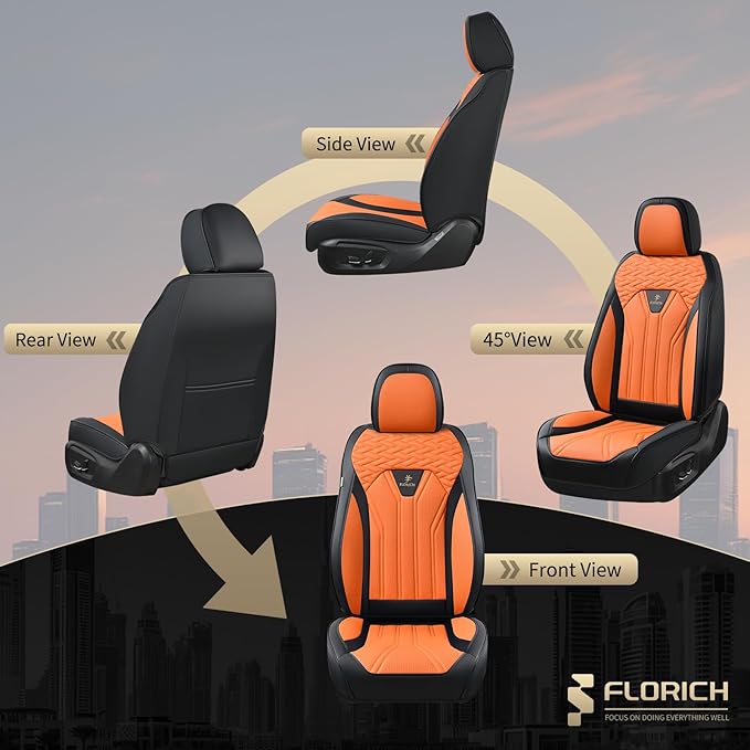 FLORICH Leather Seat Covers, Car Seat Covers Full Set, Car Seat Protectors 5 Seats, Automotive Seat Covers Driver Seat Covers Fit for Most Cars Trucks SUV-Black&Orange