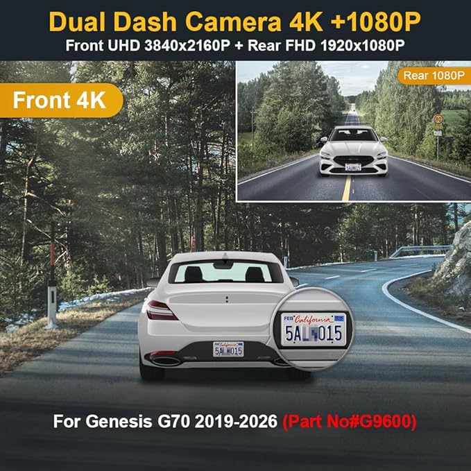 Fitcamx Front 4K+Rear 1080P Dash Cam Adapts for Genesis G70 2019-2026 (Part No Ends with #G9600), Integrated OEM Look, Dual HD Video, WiFi & APP, Loop Recording, G-Sensor, Easy to Use, 128GB Card