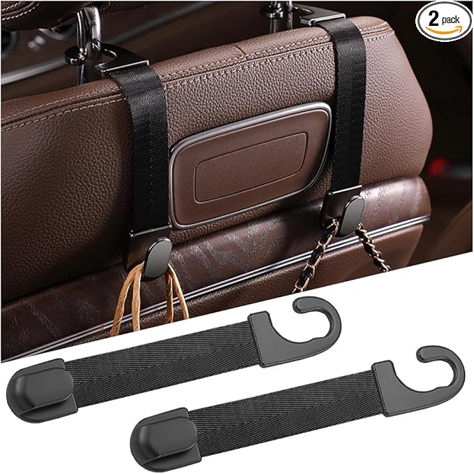 Car Headrest Hooks, 2PCS Vehicle Back Seat Storage Organizer Hanging Holder for Purse Bags Grocery, Adjustable Automotive Interior Hanger Accessories, Universal Fit (Black)