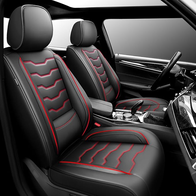 Fit Murano Car Seat Covers Compatible with Nissan Murano 2004-2025 2026 - Premium Leather，Waterproof Breathable，All-Weather Seat Cushion Protecto&Airbag Compatible (2 Front Seat Red Line Black)