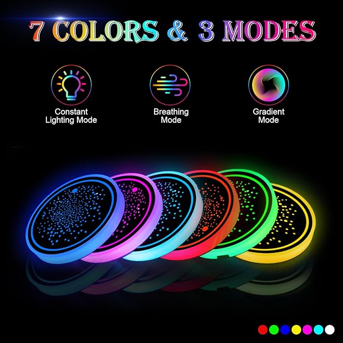 2Pcs LED Car Cup Holder Lights, 7 Colors Light Up Cup Coasters, USB Rechargeable Interior Lighting Accessories for Car Truck Vehicle Decoration﻿