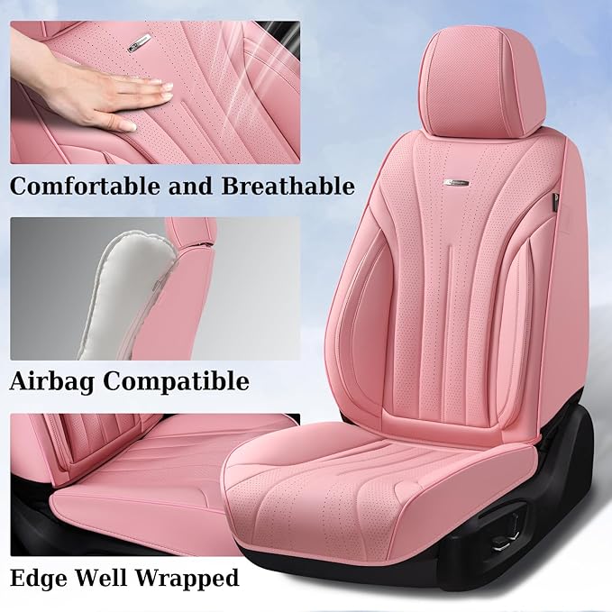 Coverado Seat Covers for Cars, Leather Car Seat Covers Full Set, Pink Waterproof Seat Covers, Luxury Car Seat Protector, Front and Back Car Seat Cushions Universal Fit for Most Sedans, Trucks, SUV