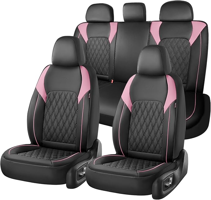 Coverado Seat Covers, Car Seat Covers Full Set, Car Seat Cover, Car Seat Covers Front Seats and Back, Waterproof Car Seat Cushion, Faux Leather Car Seat Protector Universal Fit Most Cars, Black&Pink