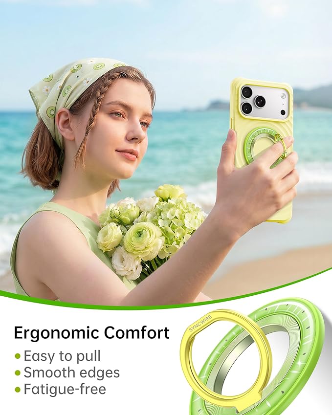 SYNCWIRE Magnetic Phone Ring Holder for MagSafe - Phone Grip Stand with 360° Rotation Finger Ring Kickstand Compatible with iPhone 17 16 15 14 13 12 Pro Max MagSafe Accessories,Kiwi Green