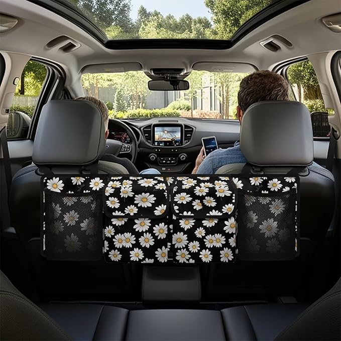 White Daisy Trunk Organizer for Car Auto Hanging Seat Back Storage with Adjustable Straps for SUVs, Vans, Cars Cargo Bag,Car Accessories
