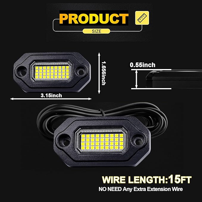 12Pods Metal Bright Pure White LED Rock Lights Kit,Per pod provided 15FT Power Cord,6500K 36LEDs Neon Underglow Light Aluminum Waterproof Fender Lights for Trucks Trailer Jeep Off Road ATV UTV