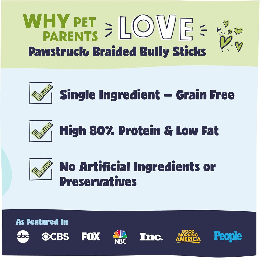 Pawstruck Natural 12” Braided Bully Sticks for Dogs - Tough, Long-Lasting, Rawhide-Free, Low Odor, Healthy Single Ingredient Chew Treat for Aggressive Chewers - 10 Count - Packaging May Vary