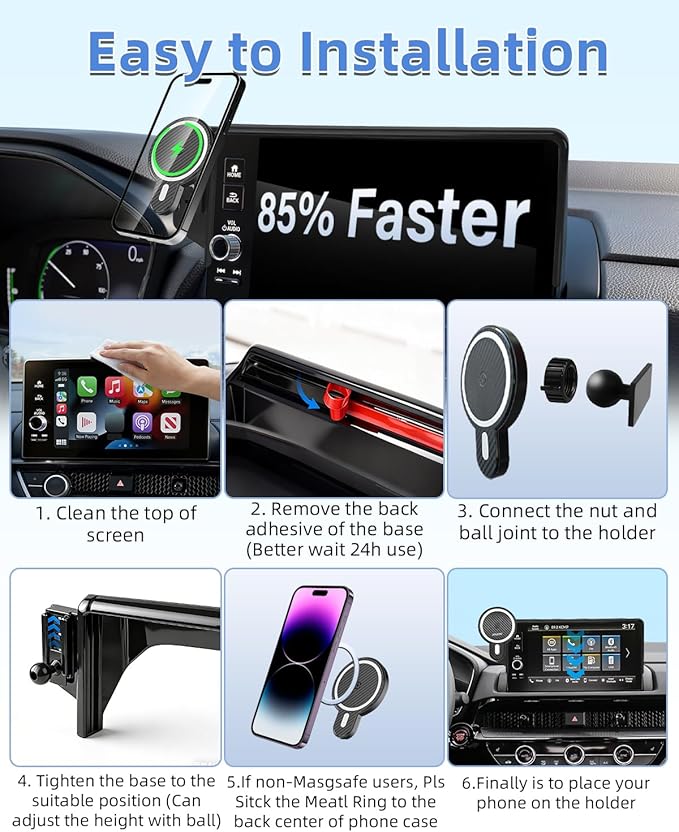 PZK Car Phone Holder for Hyundai Elantra 2021-2025 2026 SE/SEL/Sport/Limited/N Line Accessories for 8-Inch/10.25-Inch Screen Magnetic 15W Fast Wireless Charger Phone Mount 360° Rotating Extension Rod