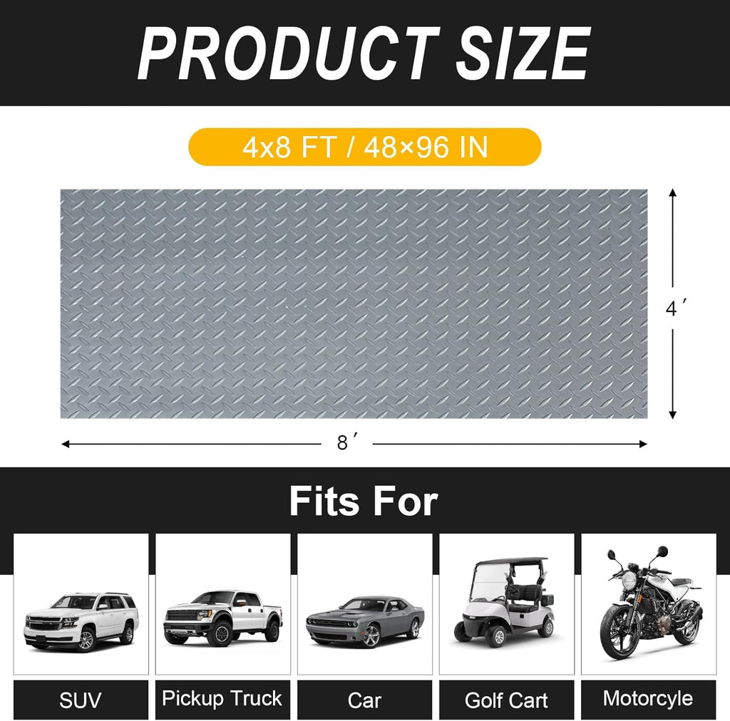 4x8FT Garage Floor Mat, 2.8mm Thickened Flooring Roll for Under Car, Golf Cart Parking Mat, Diamond Plate PVC Rubber Motorcycle Mat, Non-Slip Floor Protector for Garage Warehouse Trailer, Grey