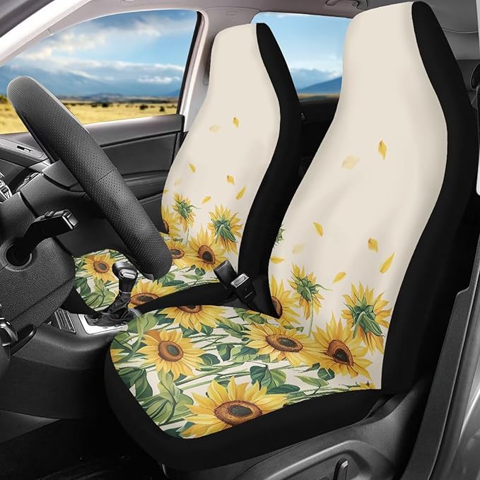 Sunflowers Print 2 Pcs/Set Car Front Seat Covers, Universal Fit Seat Covers for Sedan, Truck, SUV Polyester Bucket Cushion Protectors
