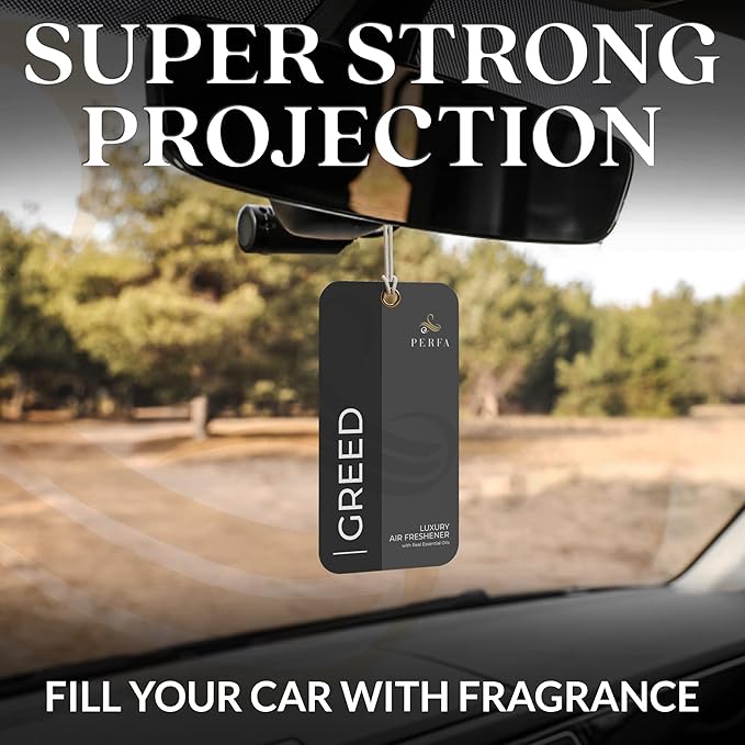 9PCS Greed Disposable Air Fresheners for Men | Long Lasting Car Air Freshener with Greed Fragrance | Lasts for 2 Weeks | Strong Car Perfume with Odour Eliminating Technology | by Perfa