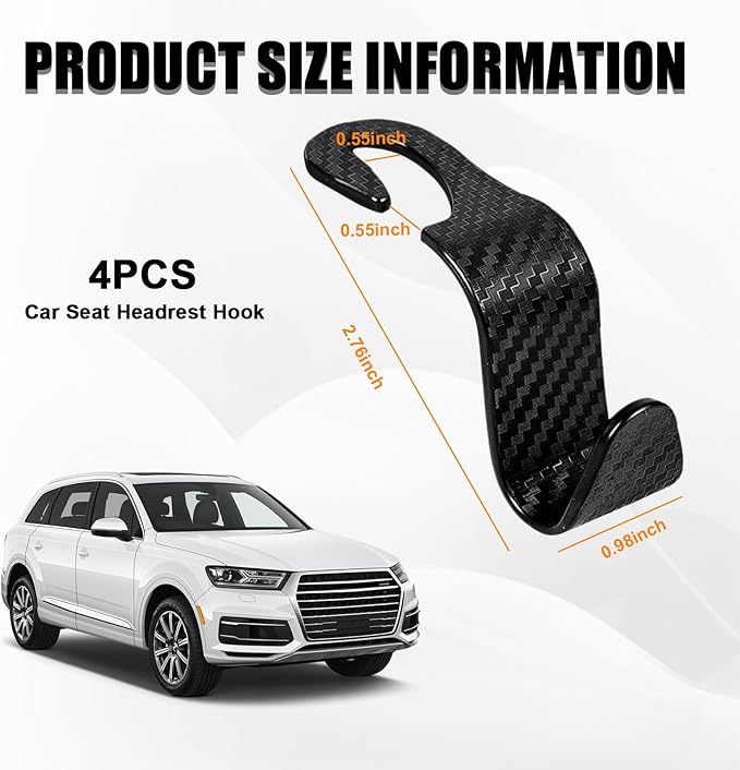 Ziciner 4 PCS Car Seat Headrest Hooks, Backseat Hangers Storage Organizer, Universal Car Accessories for Purse Grocery Bags Coats (Black Carbon Fiber)