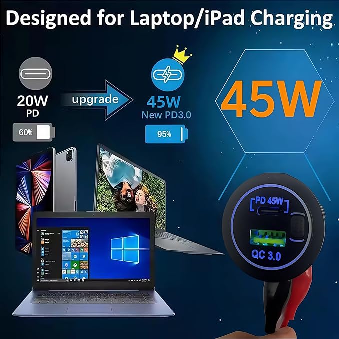 45W PD & 18W QC3.0 USB Laptop Car Charger Power Socket, Marine Type-C/USB C Port Fast Charging Adapter, 12V USB Power Outlet with ON/Off Switch Button Waterproof Cover for Boat RV Truck Golf (Blue)