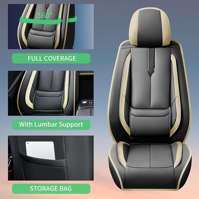 Fit Ioniq Car Seat Covers for Hyundai Ioniq 2017-2024 2025 2026 -Upgraded Premium Waterproof & Breathable Leather,Airbag Compatible,All-Weather Seat Cushion Protector,Full Set,Black-Beige