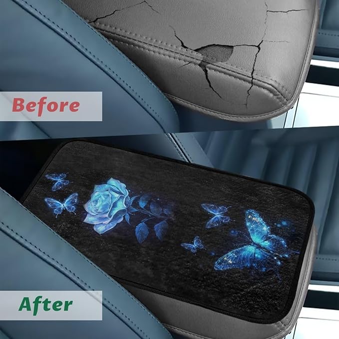 Butterfly Rose Armrest Cover Car Soft Comfortable Auto Center Console Pad Flannel Anti-Slip Armrest Cover Center Console Cushion for Most Vehicle, SUV,Truck,Car