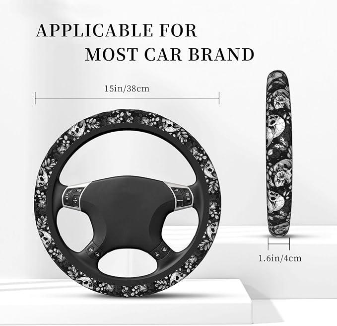 Flower Sugar Skull Steering Wheel Cover Women 15 inch Anti-Slip Sweat Absorption Steering Wheel Covers Cute Car Accessories Decor Car SUV Sedan Vans Truck Protector