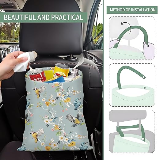 Cute Car Trash Can, Hanging Canvas Car Back Seat Organizer and Storage Bag, Funny Car Trash Bag For Travelling, Outdoor Cute Blue Bird Flower
